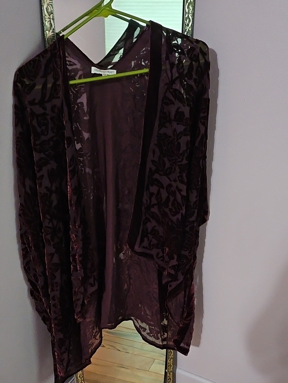 Woven Heart Burgundy Velvet Burnout Kimono Robe